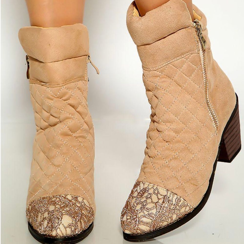 Queen Chateau Tan Beige Quilted Lace Toe Suede Ankle Booties‎ Women's Fall Sz 7